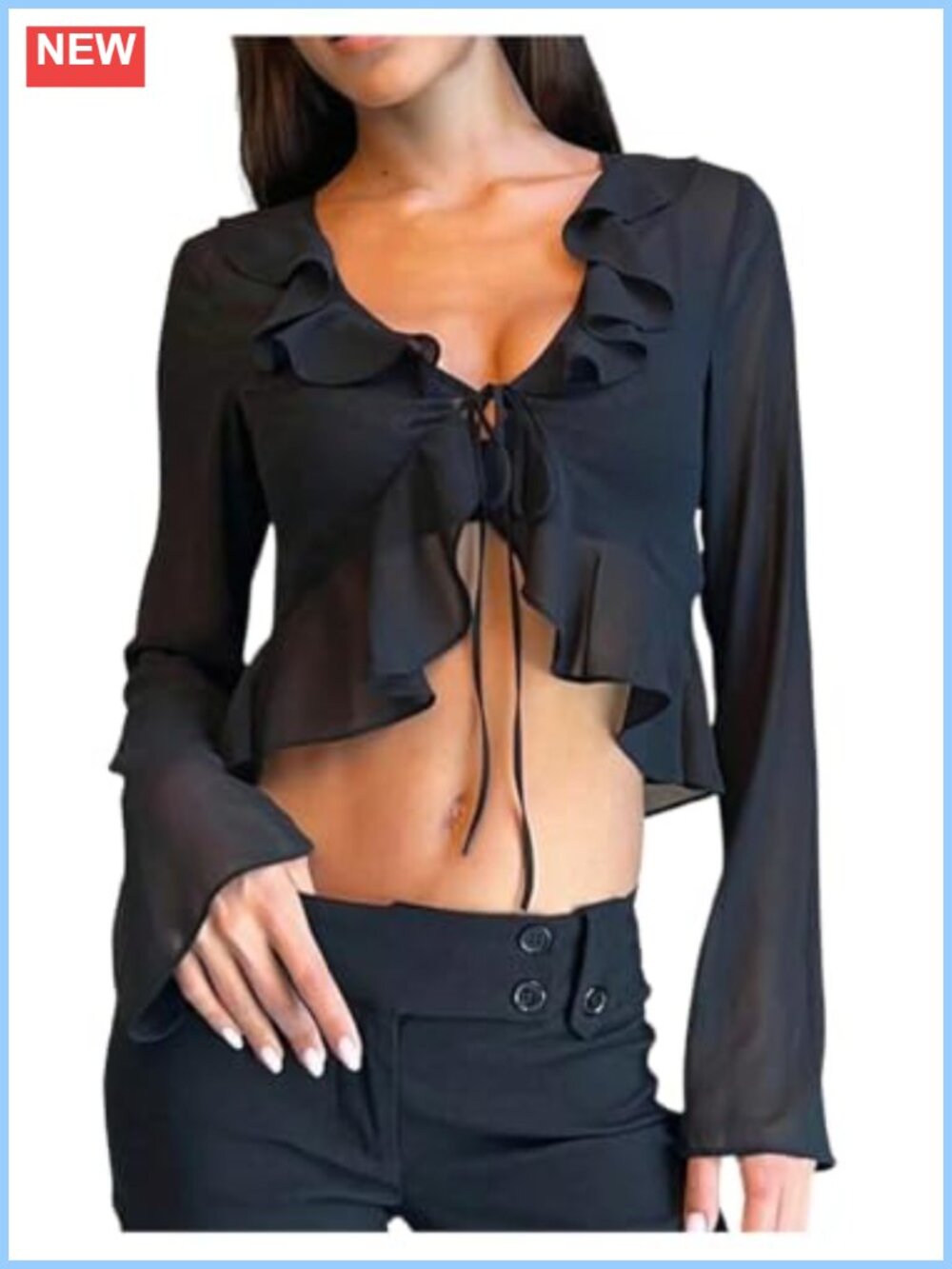 WDIRARA Women's Sheer Ruffle Blouse V Neck Tie Front Long Sleeve Crop Top